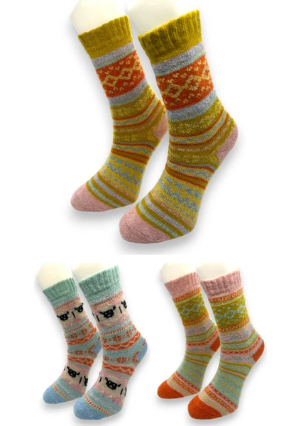 Ciho Socks Premium 3 Çift Kadın Alpaka Yünlü Yumuşak Yıkamalı Norveç Tipli Termal Etnik Kilim Desenli Soket Çorap