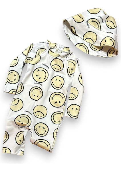 Unisex Bebek - Çocuk Mayo Tam Vücut Güneş Koruma Hassas Ten Emoji Smile Desen Mayo Şapka Hediyeli