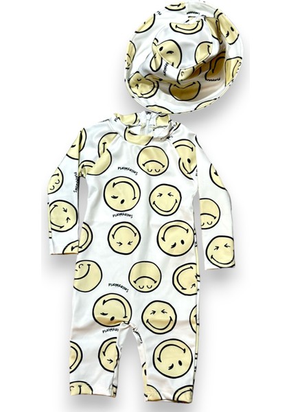 Unisex Bebek - Çocuk Mayo Tam Vücut Güneş Koruma Hassas Ten Emoji Smile Desen Mayo Şapka Hediyeli