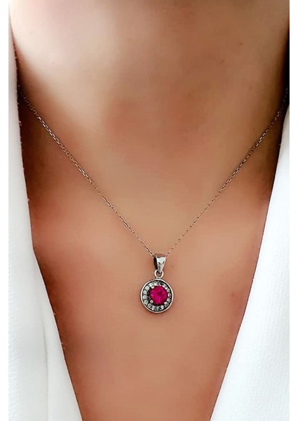 pembe zirkon taşlı gümüş kolye