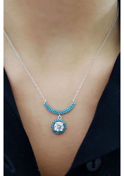 Turkuaz ve zirkon taşlı gümüş bayan kolye