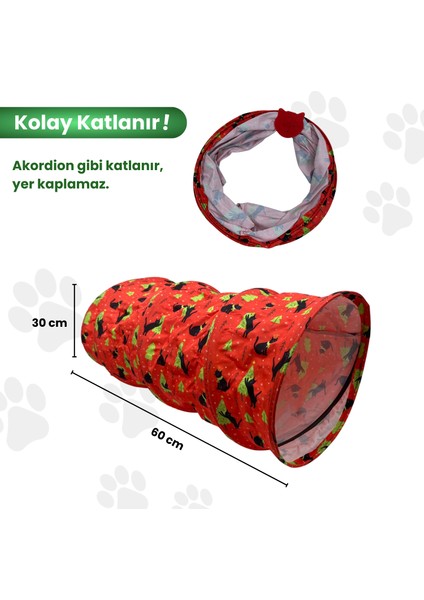 Kırmızı Renkli Katlanabilir Kedi Tüneli 60 cm Güvenli Kedi Oyun Alanı