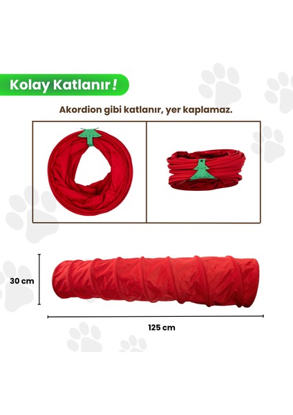 Kırmızı Uzun Kedi Tüneli 125 cm Katlanabilir Kedi Oyuncağı Güvenli Saklanma ve Oyun Alanı