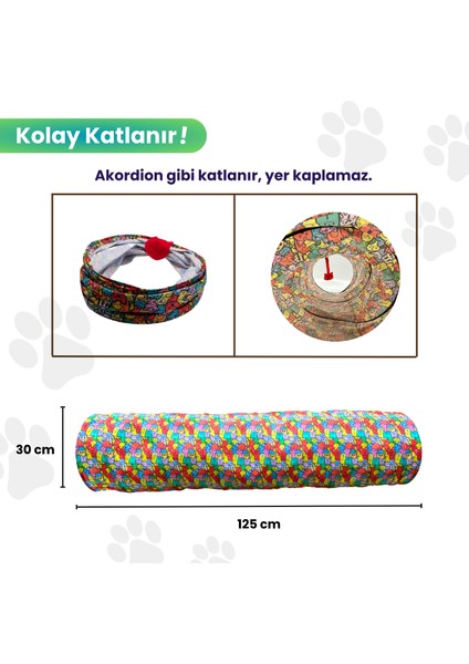 Katlanabilir Uzun Kedi Tüneli 125 cm Oxford Kumaşlı Dayanıklı Tünel Renkli Desenli Kedi Oyun Alanı