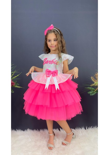 Barbie Beyaz Taçlı Kız Çocuk Doğum Günü Parti Elbisesi Abiye