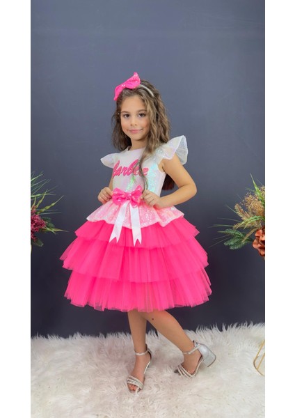 Barbie Beyaz Taçlı Kız Çocuk Doğum Günü Parti Elbisesi Abiye