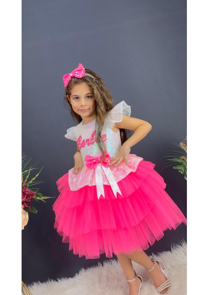 Barbie Beyaz Taçlı Kız Çocuk Doğum Günü Parti Elbisesi Abiye