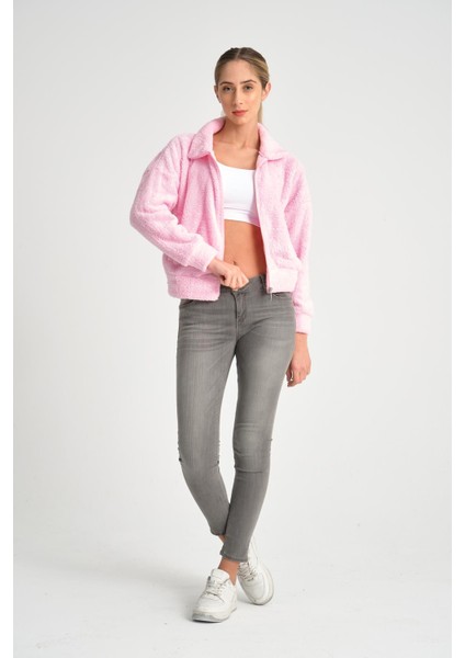 Pembe Tam Fermuarlı Kadın Peluş Ceket