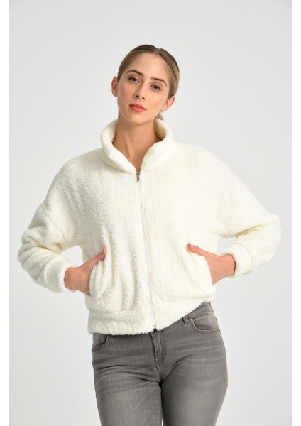 Ekru Tam Fermuarlı Kadın Peluş Ceket