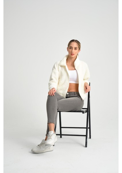 Ekru Tam Fermuarlı Kadın Peluş Ceket fiyatları