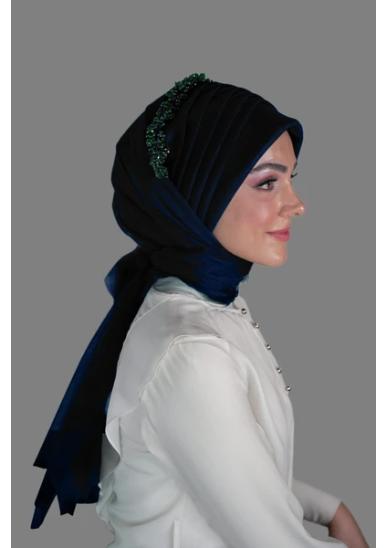 Elegance Scarf Hazır Şal Hazır Türban 5-1 Geçmeli Drapeli Lüx Hayal Tül Kumaş Lacivert