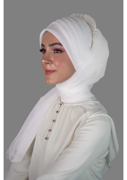 Elegance Scarf Hazır Şal Hazır Türban 5-1 Geçmeli Drapeli Lüx Hayal Tül Kumaş Kırık Beyaz