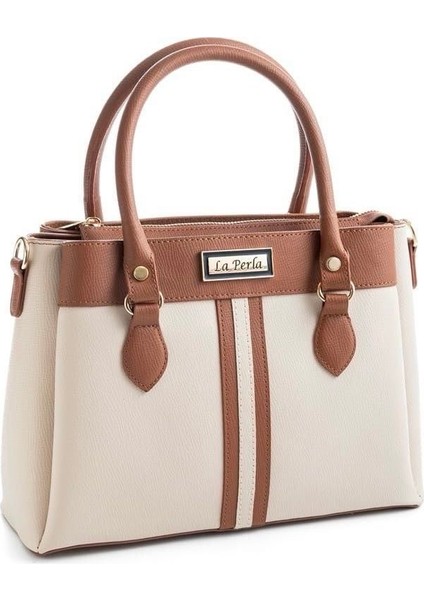 Kahverengi Krem Kadın Çok Bölmeli Kullanışlı Büyük Boy El Kol ve Omuz Çantası