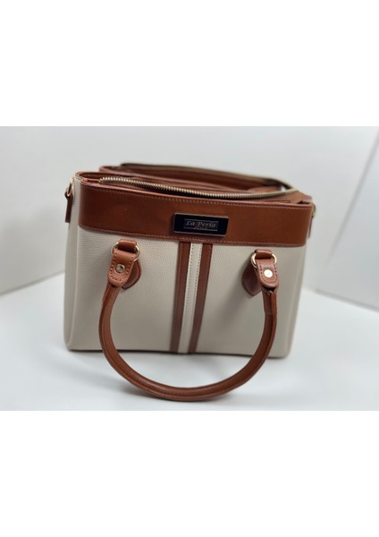 Kahverengi Krem Kadın Çok Bölmeli Kullanışlı Büyük Boy El Kol ve Omuz Çantası modelleri