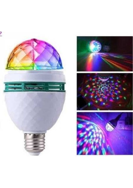 Disco Topu Renkli LED Döner Başlıklı Disko Topu Ampul Gece Lambası 3 Watt E27 Duylu + Fişli Duy