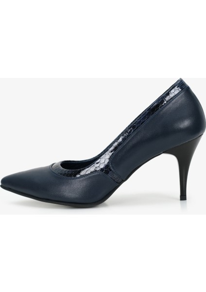 Hakiki Deri Stiletto Lacivert Topuklu Ayakkabı - 7,5 Cm İnce Topuk Sivri Burun - El İşçiliği Rugan Yılan Desen Premium Deri GRS004-LC