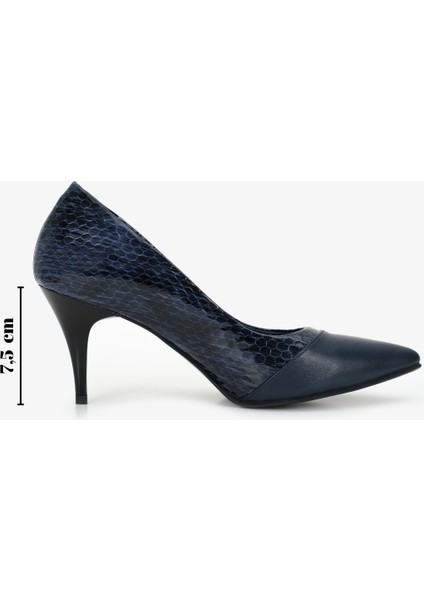 Hakiki Deri Stiletto Lacivert Topuklu Ayakkabı - 7,5 Cm İnce Topuk Sivri Burun - El İşçiliği Rugan Yılan Desen Premium Deri GRS004-LC fiyatları