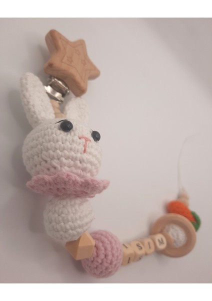 Hoşgeldin Bebek Yenidoğan Isimli Emzik Zinciri Askısı Hediye Seti Amigurumi Tavşan Beyaz Pembe