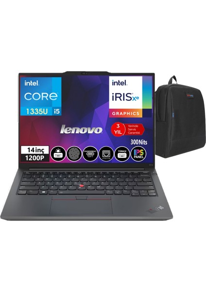 Thinkpad E14 Gen5 Intel Core I5 1335U 16GB 512GB SSD 14" Wuxga IPS Freedos Taşınabilir Bilgisayar TB21JK0005TX05+WEBLEGELSINÇANTA