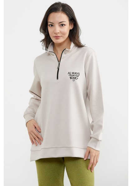 Dik Yaka Yarım Fermuarlı Sweatshirt Taş modelleri
