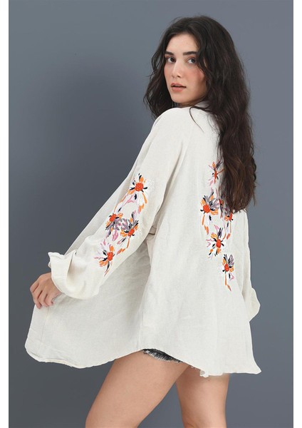 Marissa Butik Kimono Reglan Kol Nakışlı Keten - Taş