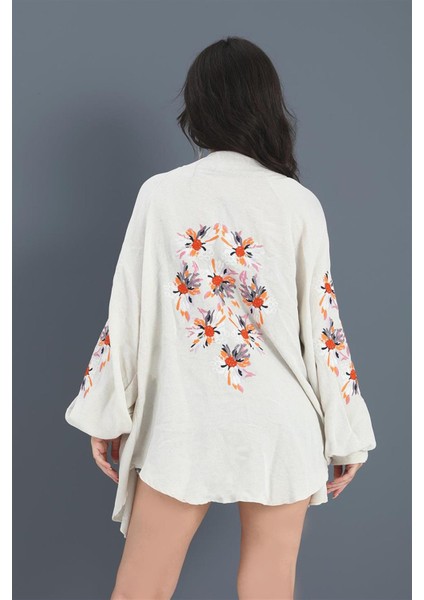 Marissa Butik Kimono Reglan Kol Nakışlı Keten - Taş