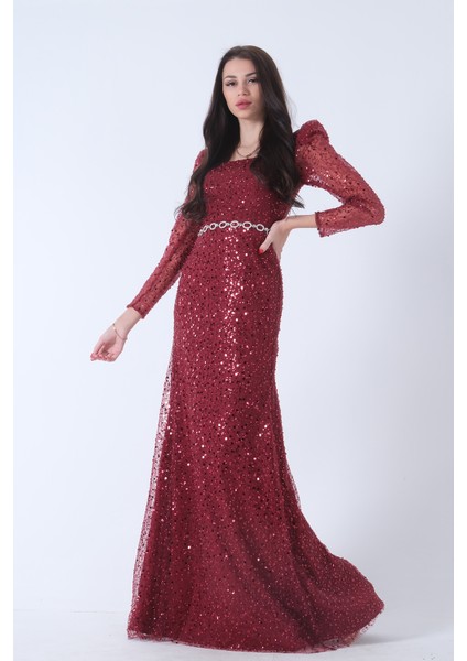 Bordo Kare Yaka Kolları Transparan Abiye Elbise 9705196.04 modelleri