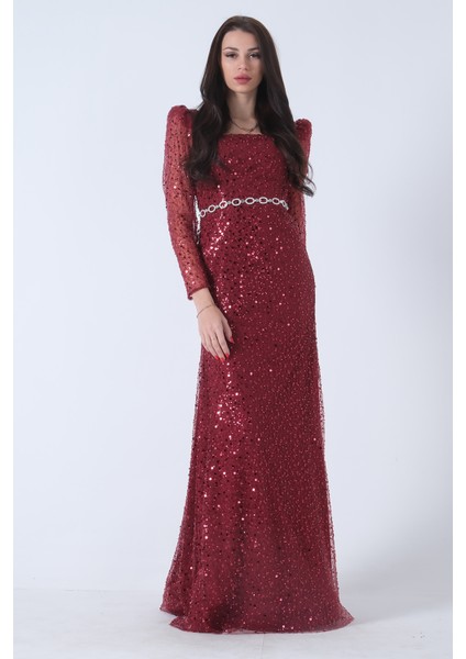 Bordo Kare Yaka Kolları Transparan Abiye Elbise 9705196.04 fırsatları
