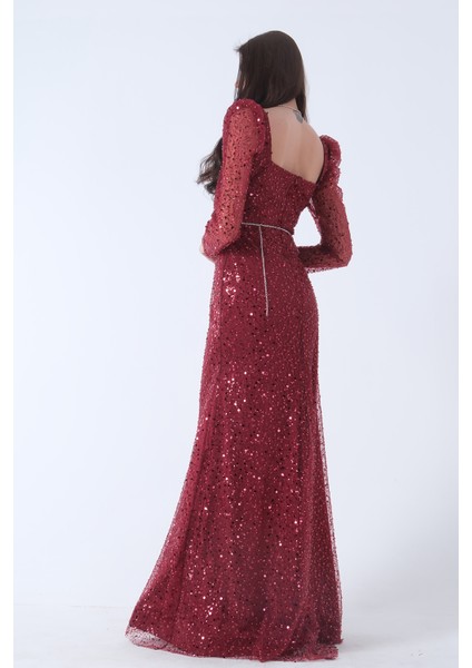 Bordo Kare Yaka Kolları Transparan Abiye Elbise 9705196.04 indirimleri