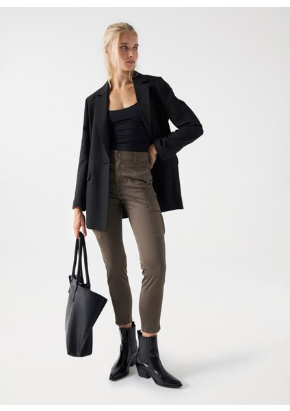 Yüksek Bel Slim Paça Cropped Fit Koyu Yeşil Kadın Denim Pantolon 21007052