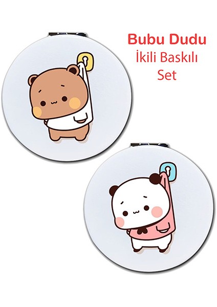 Dudu Bubu Baskılı Ayna 2'Li Set Kişiye Özel Isim Baskılı Cep Aynası 7 Cm Ayıcık Çift Sevgili (Kapaklı Ve Büyüteçli)