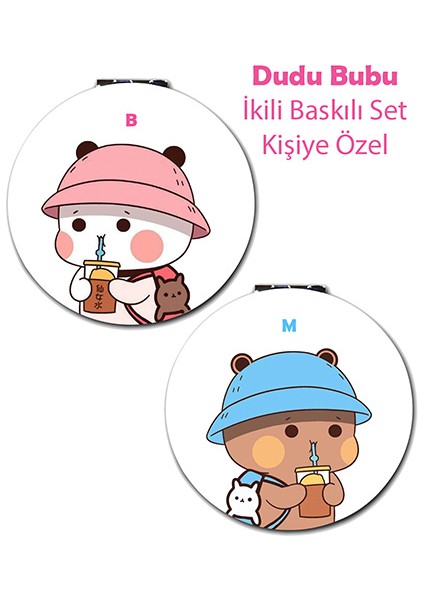 Dudu Bubu Baskılı Ayna 2'Li Set Kişiye Özel Isim Baskılı Cep Aynası 7 Cm Ayıcık Çift Sevgili (Kapaklı Ve Büyüteçli)