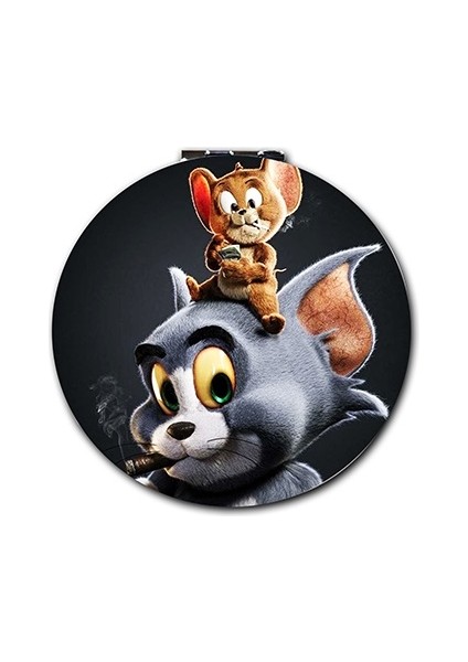 Tom Ve Jerry Baskılı Ayna Yuvarlak Kişiye Özel Isim Baskılı Cep Aynası 7 Cm (Kapaklı Ve Büyüteçli)