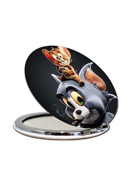 Tom Ve Jerry Baskılı Ayna Yuvarlak Kişiye Özel Isim Baskılı Cep Aynası 7 Cm (Kapaklı Ve Büyüteçli)