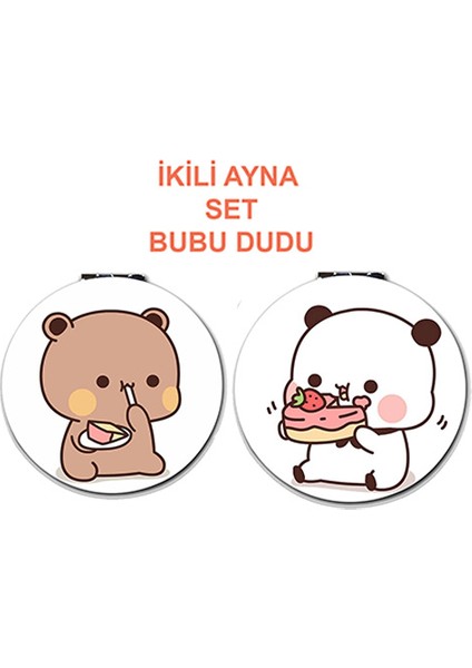 Dudu Bubu Baskılı Ayna 2'Li Set Kişiye Özel Isim Baskılı Cep Aynası 7 Cm Ayıcık Çift Sevgili (Kapaklı Ve Büyüteçli)