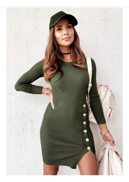 Kadın Haki Uzun Kollu Bisiklet Yaka Yan Yırtmaç Düğme Kısa Kaşkorse Elbise