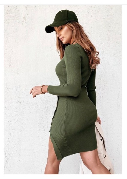Kadın Haki Uzun Kollu Bisiklet Yaka Yan Yırtmaç Düğme Kısa Kaşkorse Elbise fiyatları