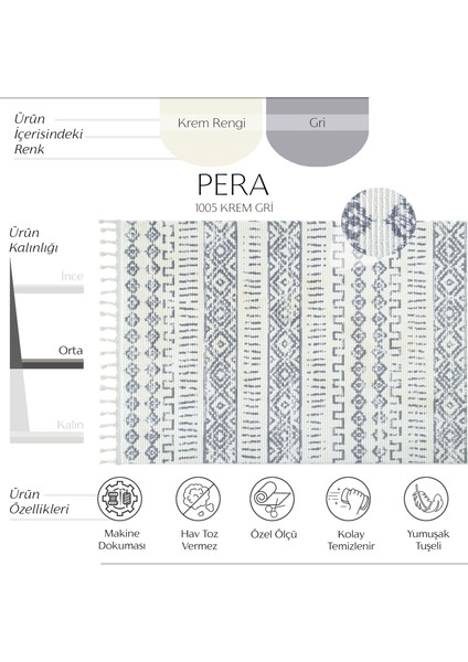 Pera 1005 Krem Gri Hav Toz Vermez Yumuşak Dokulu Mutfak Antre Çocuk Odası Dokuma Makine Halısı