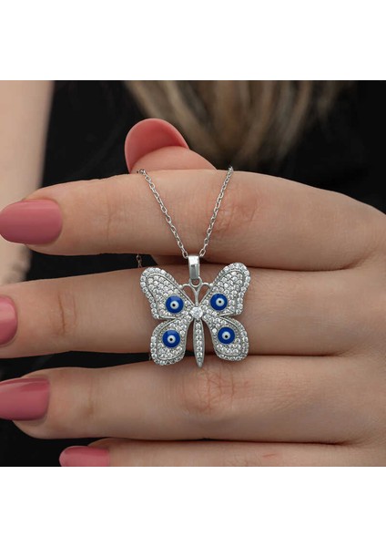 Gümüş Nazarlı Kelebek Kadın Kolye