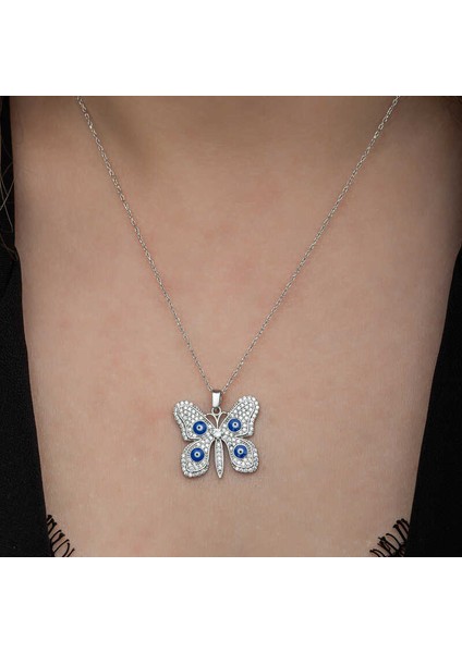 Gümüş Nazarlı Kelebek Kadın Kolye indirimleri