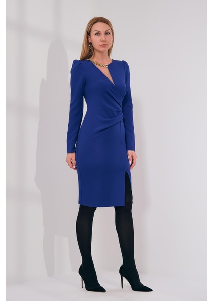 Midi Abiye Elbise - Uzun Kol V Yaka Minimalist