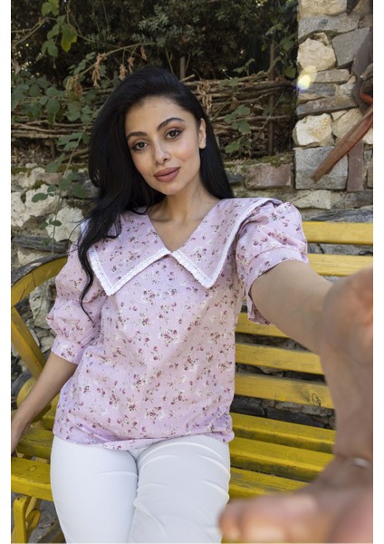 Yakalı Pudra Zemin Pembe Çiçekli Balon Kol Poplin Bluz modelleri