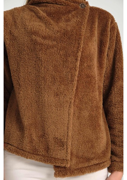 Kahve Tek Düğmeli Kadın Peluş Ceket modelleri