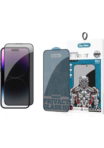 iPhone 14 Pro Uyumlu Hayalet Ekran Koruyucu Go Des 9D Full Cover Privacy Temperli Cam Koruyucu