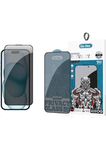 iPhone 15 Uyumlu Hayalet Ekran Koruyucu Go Des 9D Full Cover Privacy Temperli Cam Koruyucu