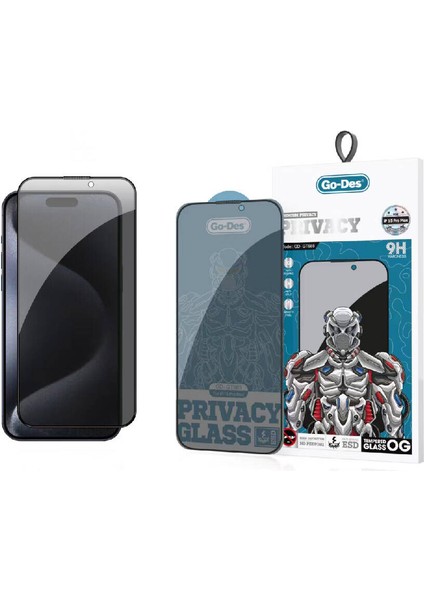 iPhone 15 Pro Max Uyumlu Hayalet Ekran Koruyucu Go Des 9D Full Cover Privacy Temperli Cam Koruyucu