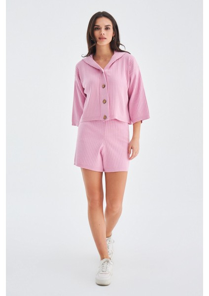 MUJO CARDIGAN & SHORTS %100 Pamuk Kadın Triko Şort Takım - Şeker Pembe