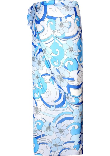 AZUL PAREO Çiçekli Dalga Desen 140X140 CM Şifon Pareo & Eşarp - Mavi