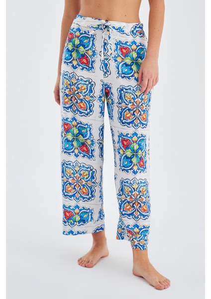 RİA TROUSER Çini Desenli Bol Kesim Yazlık Saten Kadın Pantolon Çok Renkli