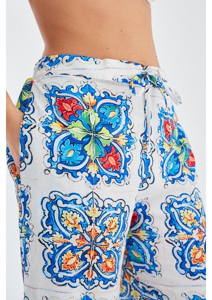RİA TROUSER Çini Desenli Bol Kesim Yazlık Saten Kadın Pantolon Çok Renkli